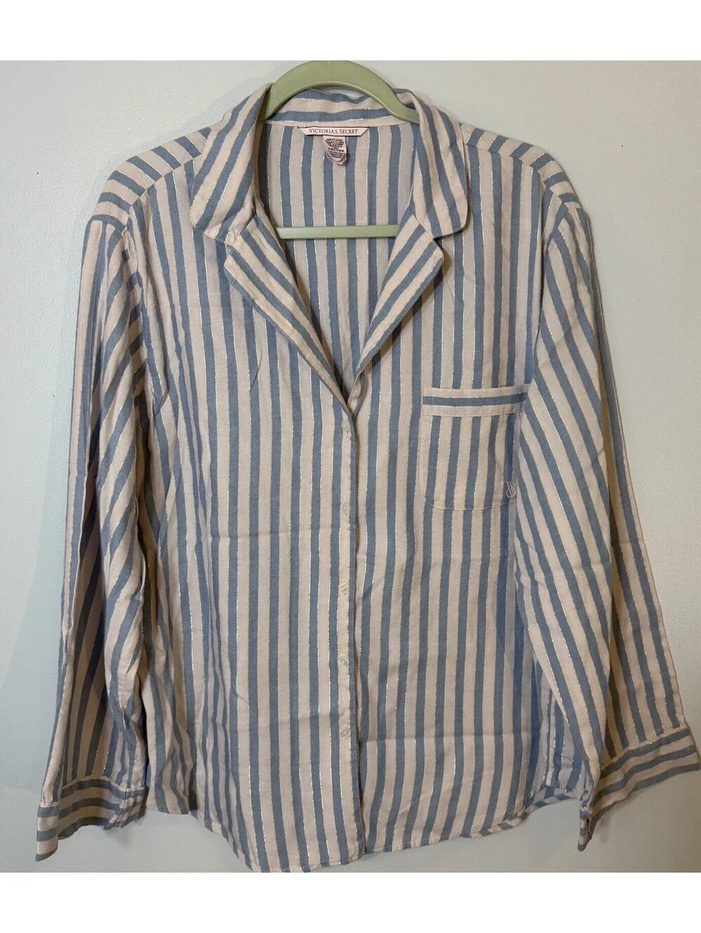 Victoria Secret Pink & Blue Stripe Soft Pajamas Lurex Sparkle Shimmer Large EUC